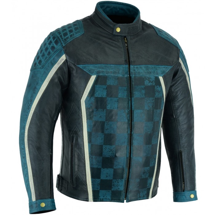 CYAN CHECKER LEATHER JACKET